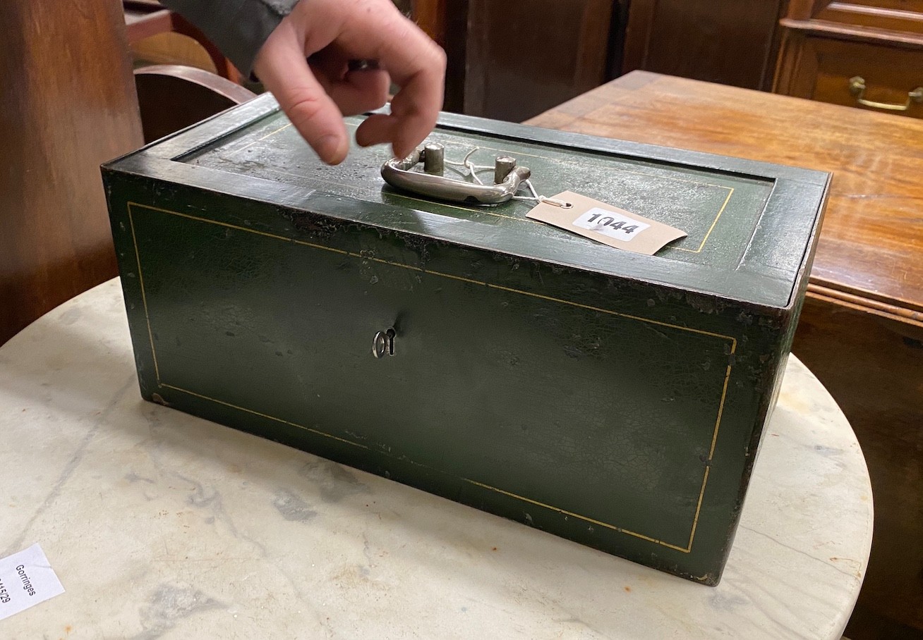 A late Victorian Milner iron strong box with key, width 35cm, depth 18cm, height 15cm